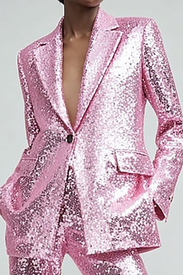 Sparkly Pink 2 Piece Women Prom Suits With Pockets